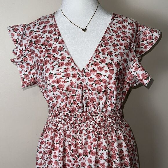 SHEIN M White Pink Rose Floral Faux Wrap Flutter Sleeve A-Line Dress - Picture 8 of 14